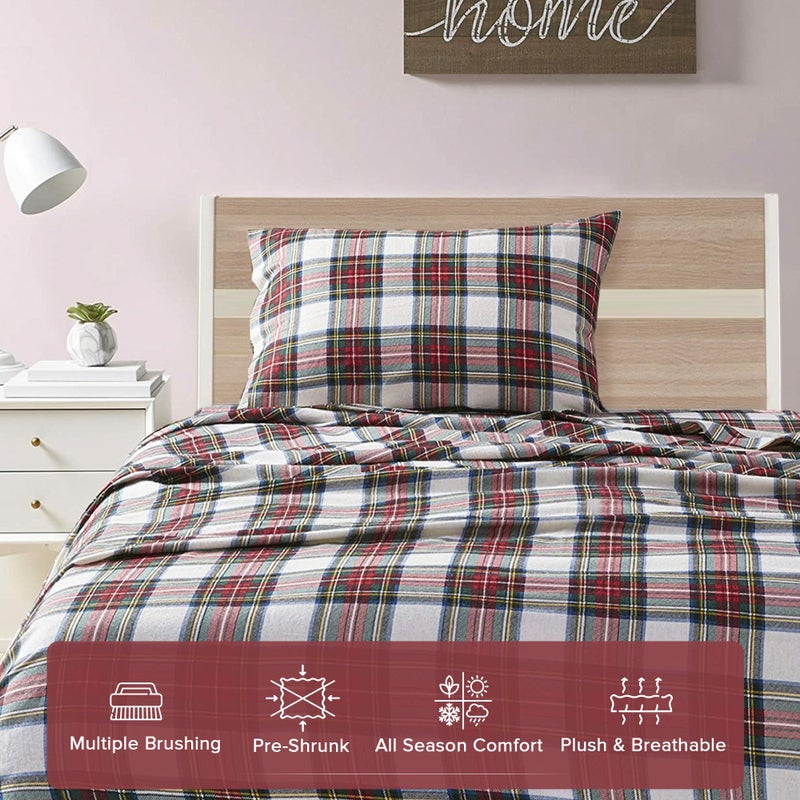 Comfort Spaces Cotton Flannel Sheets Twin Size, Ultra Soft Flannel Sheet Set with 12" Elastic Pocket , Plain Print Warm Flannel Bedding, Scottish Plaid Red 3 Piece - Image 3
